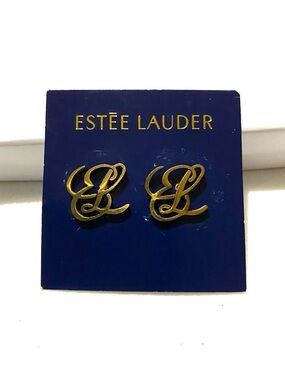 Estée Lauder Gold-Tone Logo Script Stud Earrings Vintage Corporate Chic